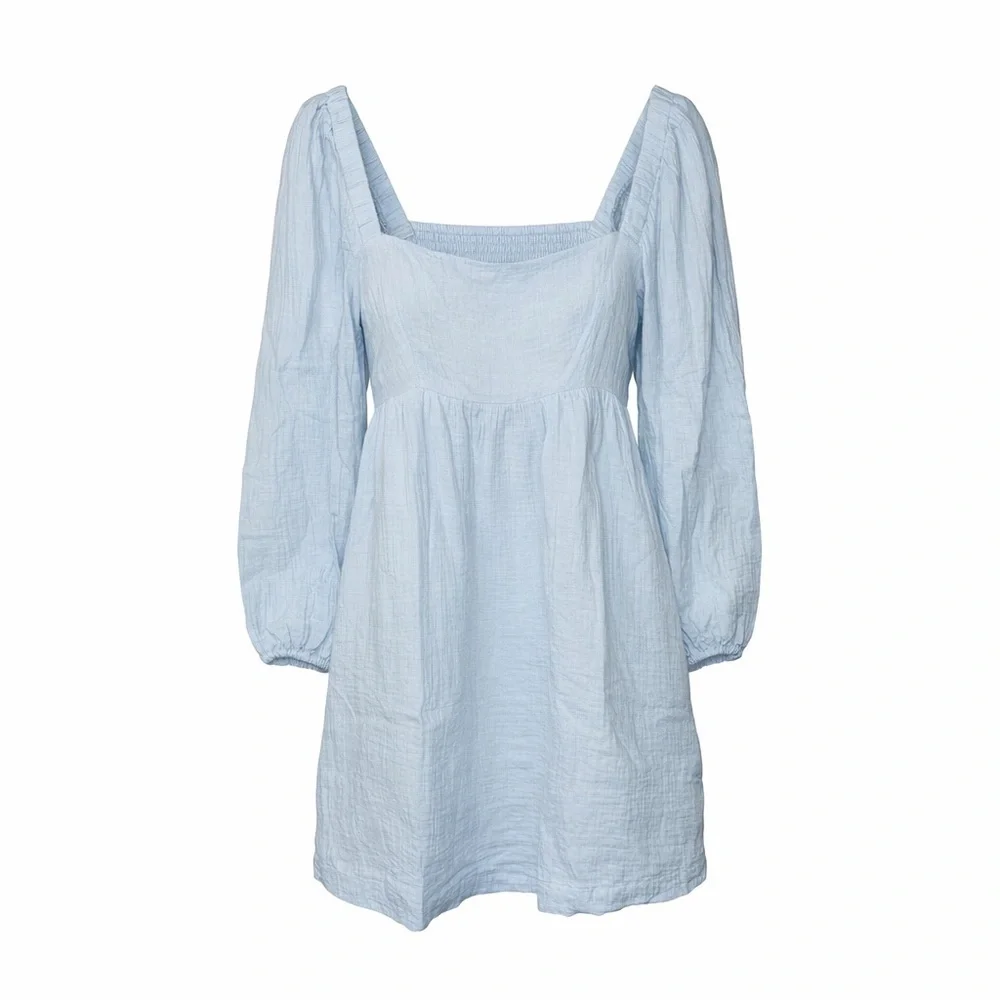 J Crew Light Blue Gauze Square Neck Balloon Sleeve Dress S Boho Cottagecore NWT